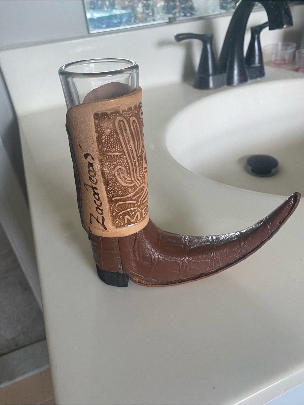 Novelty Cowboy Boot Shot Glass Holder in Brown and Tan